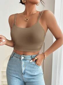 SHEIN PETITE Women's Solid Color Cropped Camisole Tank Top - Mocha Brown - View 6