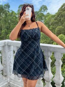 SHEIN EZwear Plus Size Knitted Mesh Spaghetti Strap Dress For Summer - Multicolor - View 6