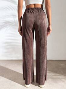 EURMUSE Woven Drawstring Waist Ribbed Pants - Brown - View 2