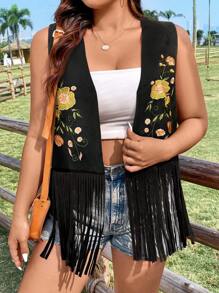 Flirla Plus Size Summer Flower Embroidery Fringe Hem Vest Coat