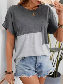 SHEIN LUNE Camiseta De Mujer Con Manga De Murciélago Y Bloques De Color