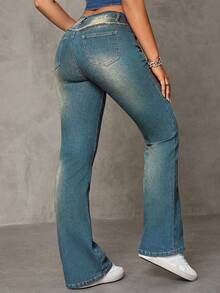 SHEIN ICON Eo thấp Phong cách Vintage Frayed Hem Nước Denim mùa giặt Quần jean loe - Rửa trung bình - Xem 2