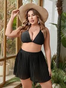 SHEIN Swim Curve 大碼女性純色百摺裙式防曬褲 - 黑色 - 查看 4