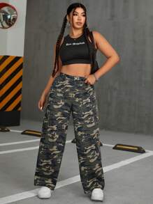 SHEIN EZwear Plus Size Women's Camouflage Cargo Pockets Jeans - Multicolor - View 4