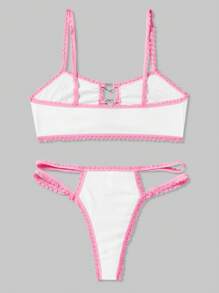 ROMWE Kawaii Women's Cute Rabbit & Heart Shaped Embellishment Colorblock Edge Underwear Set, Kawaii