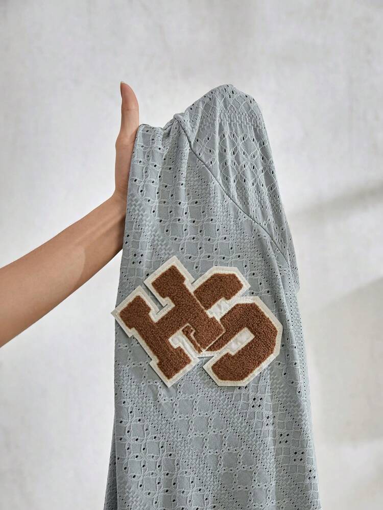Plus-Size Letter Embroidered Applique Mesh Panel Long Sleeve Top And Shorts Pajama Set