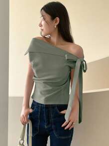 DAZY Women's Solid Color Off-Shoulder Side Knot T-Shirt Going Out Tops - Mint Green - View 3