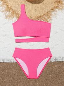 Tween Girl One Shoulder Ribbed Tankini - Pink - View 5