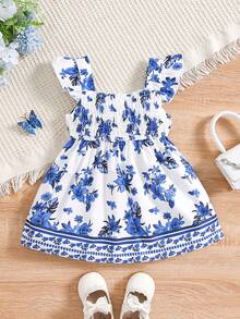 Vestido de manga corta y línea A con estampado floral azul para bebé niña - Azul - Ver 4