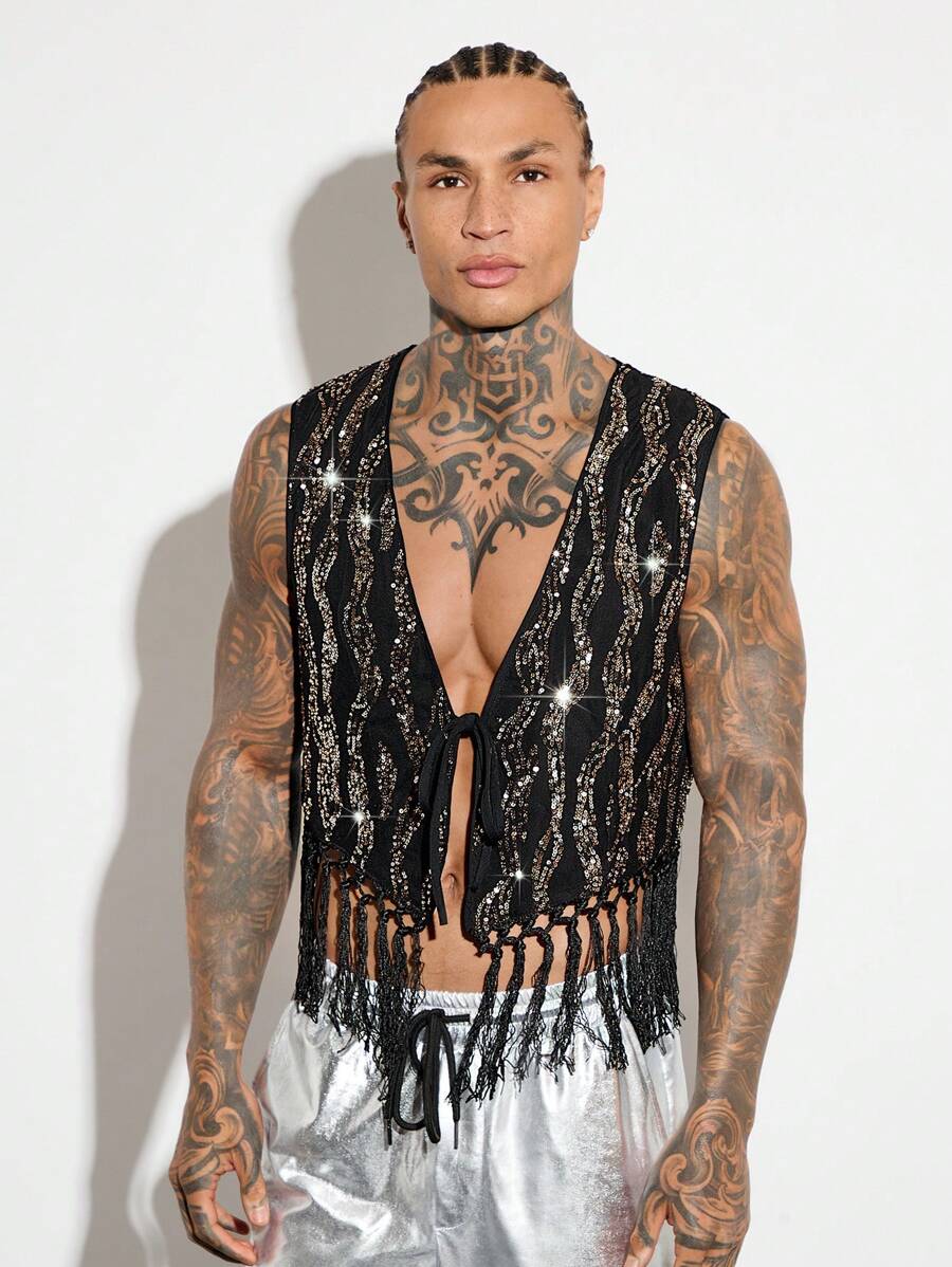 Manfinity RebelGame Men's Glitter Beaded Fringe Hem Tie Front Black Vest For Summer, Plain Leather Fashion Party  Vest - Black - View 1