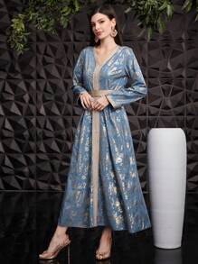 Al Najma 女性優雅v領連衣裙 - 藍色 - 查看 7