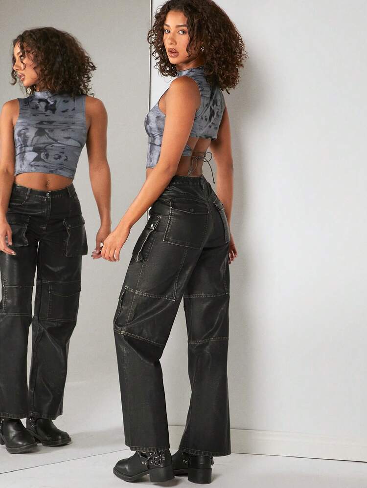 PU Leather Flap Pocket Cargo Pants
