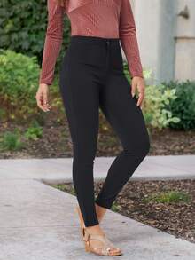 SHEIN LUNE High Waist Slim Fit Denim Pants - Black - View 6