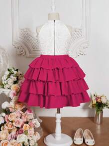 SHEIN Tween Girls' Lace Halter Top And Solid Color Midi Skirt Two Pieces Set