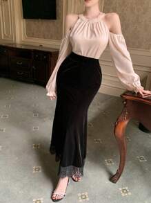 DAZY 女士撞色蕾丝美人鱼半身裙 新年舞会裙 秋冬款 - 黑色 - 查看 5