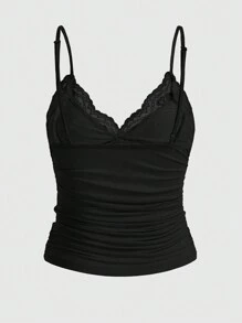 ROMWE PUNK Plus Size Solid Color Contrast Lace Cami Top, School, Summer