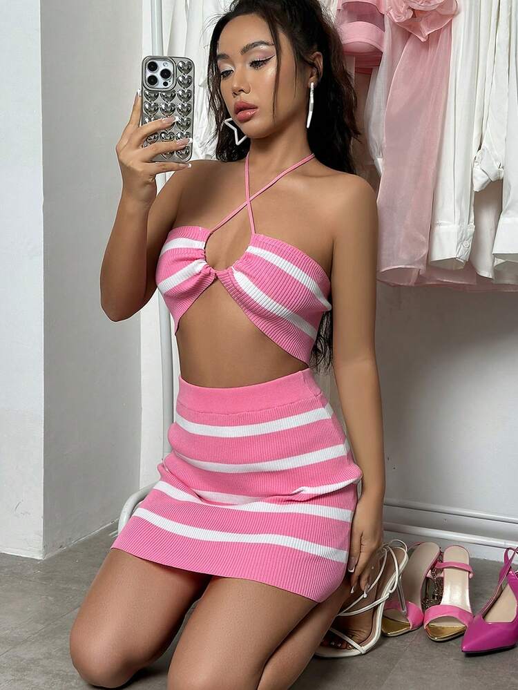 Women's Knitted Striped Halter Top And Knitted Skirt Set, Woolen, 2pcs