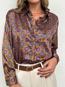 EURMUSE Ladies All Over Printed Long Sleeve Shirt - Multicolor - View 1