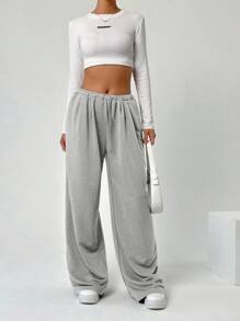 SHEIN EZwear Của phụ nữ Màu thuần Eo đàn hồi Dây rút Quần thể thao - Xám - Xem 5