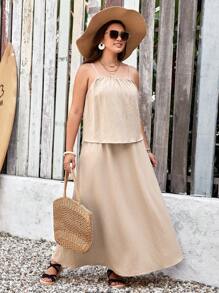 SHEIN VCAY Plus Size Women's Textured Fabric Holiday Camisole Top And Skirt Set