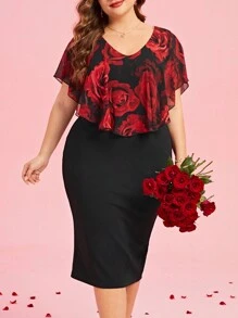 SHEIN Clasi Bloemenpatroon Korte Mouw Plus Size Lente Bruidsjurk, Valentijnsdag