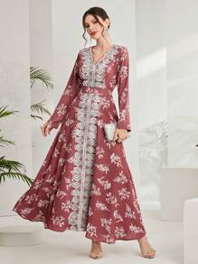 Al Najma Vestido De Abaya Para Mujer Con Estampado Y Bordado Árabe En La Parte Frontal