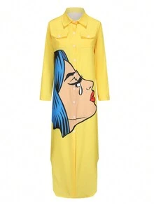 宽松休闲长袖印花衬衫领连衣裙