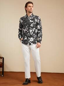 Manfinity VCAY Camicia Uomo A Manica Lunga Tessuto In Tinta Unita Con Stampa Floreale