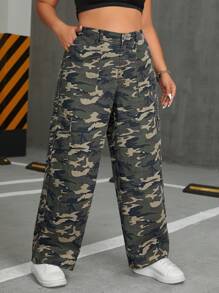 SHEIN EZwear Plus Size Women's Camouflage Cargo Pockets Jeans - Multicolor - View 6
