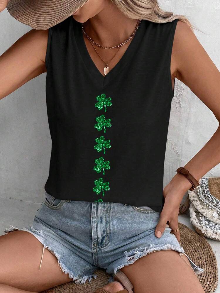 St. Patrick's Day Casual Simple Clover Design Ladies' Tank Top Suitable For Summer
