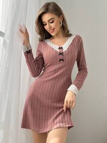 Lace Trimmed Ribbed Knit Night Dress - Pink - View 6