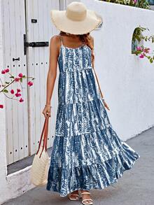 BTFBM Vestido De Cuello Redondo Con Dobladillo De Volantes E Impresión Abstracta