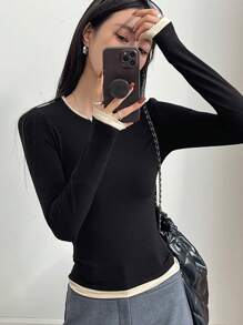 DAZY Camiseta De Manga Larga Para Mujer Con Borde De Contraste De Color - Negro - Ver 2