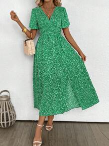 SHEIN Clasi Ladies' V-Neck Plant Printed Dress With Ruffle Sleeves And Side Slit - Green - View 3