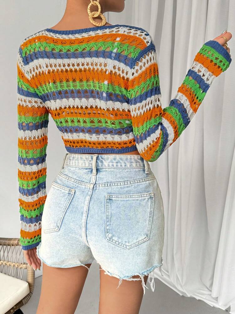 1pc Striped Hollow Out Knitted Cropped Sweater Fall Winter