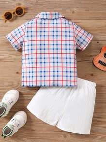 Em bé Con trai Kẻ sọc Ngắn tay Áo sơ mi Với túi Và Bộ quần short - Nhiều màu - Xem 2
