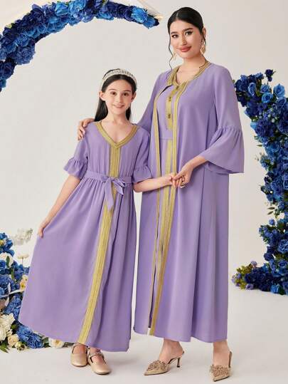 Al Najma Ladies' Contrast Color V-Neck Sleeveless Dress With Bell Sleeve Coat Kaftan Set 2pcs/Set 2 Piece Set