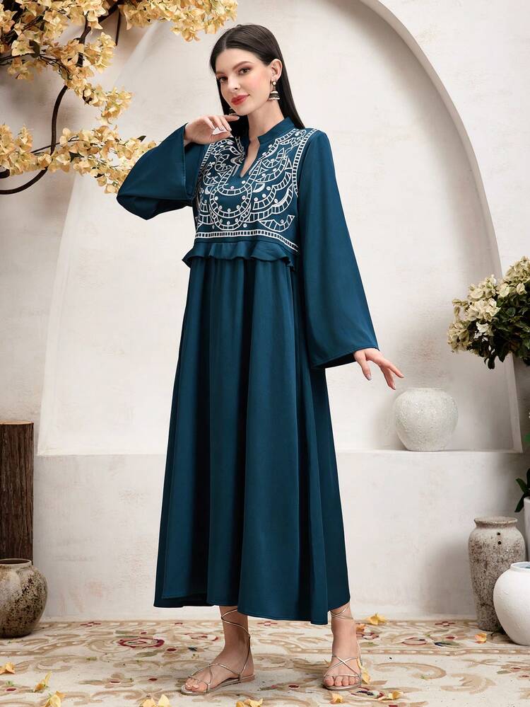 Embroidered Long Dress With Notched V-Neck Fall Cloth For Women