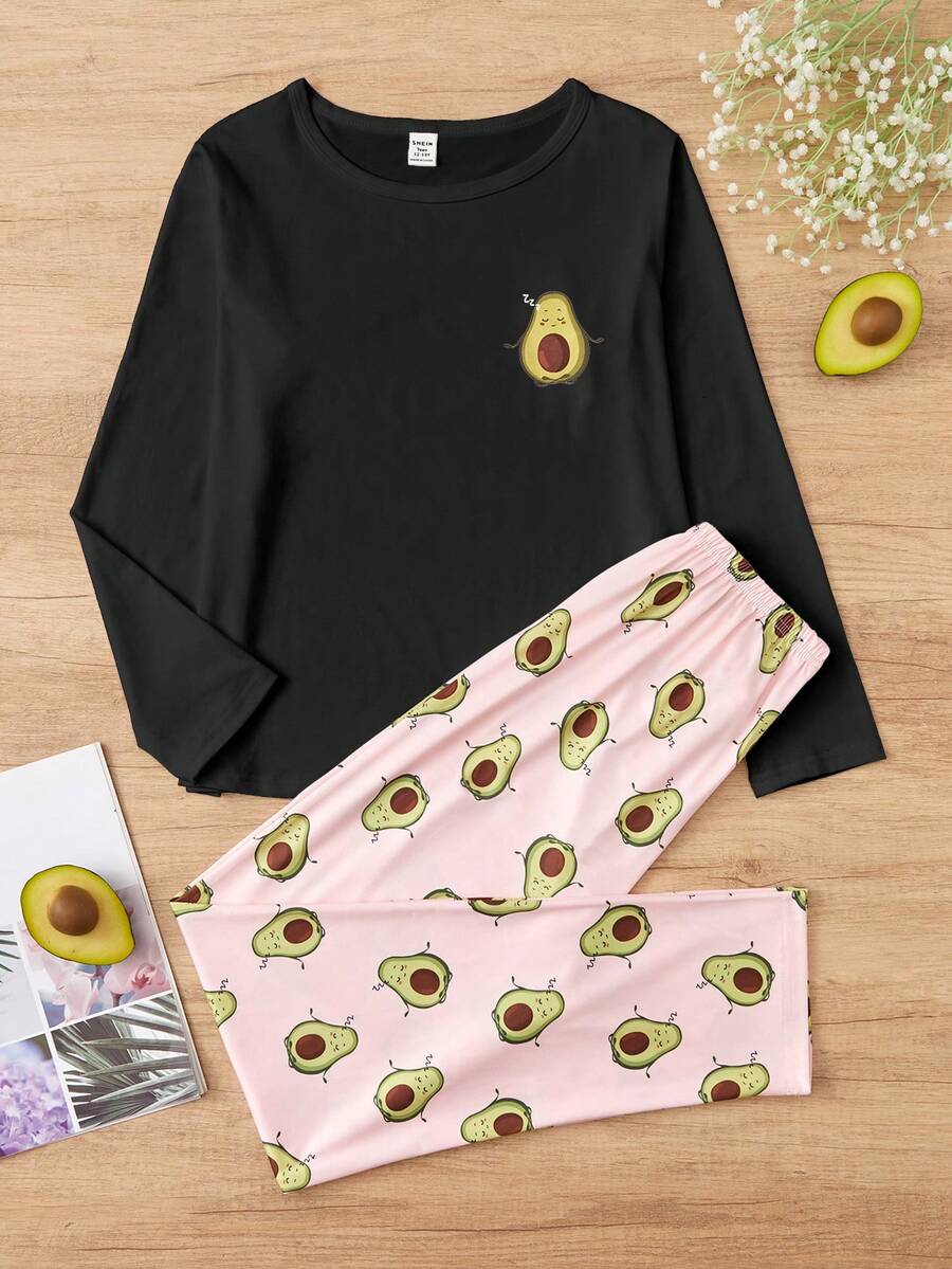 Teenage Girls' Avocado Pattern Print Long Sleeve Pajama Set With Pants - Black - View 1