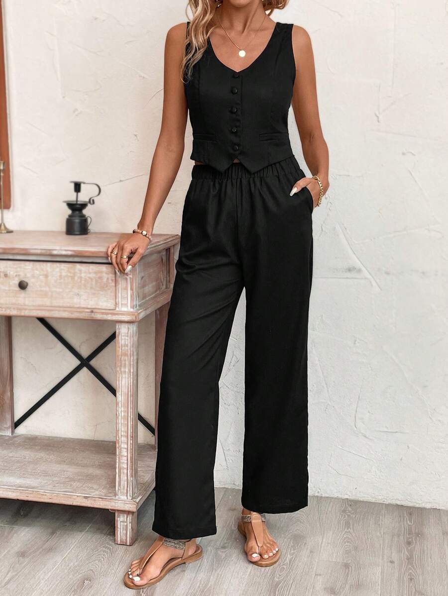 SHEIN Frenchy Mùa hè Kỳ nghỉ Cổ chữ V Single-breasted Không tay Áo Và Quần Bộ - màu đen - Xem 1