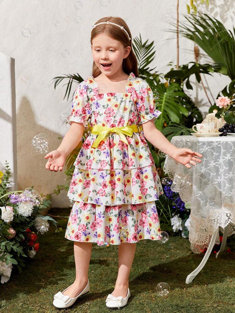 Young Girls' Vacation Square Neckline Puff Sleeve Floral Print Cake Dress With Belt For Summer