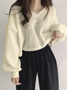DAZY Women's Solid Color V-Neck Drop Shoulder Long Sleeve T-Shirt
