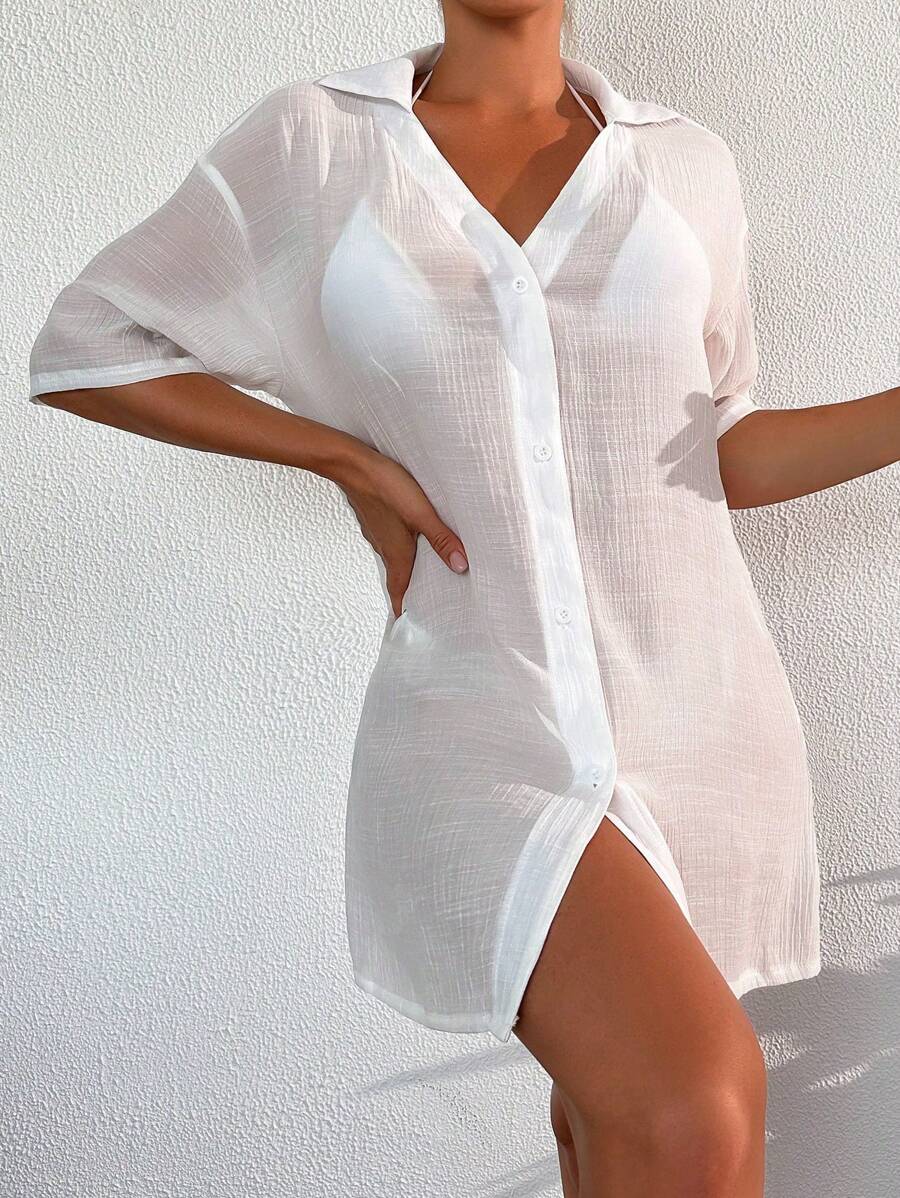 SHEIN Swim Summer Beach Button Front Drop Shoulder Kimono - White - View 1