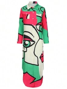 Vestido de manga larga con estampado floral y cuello de camisa, vestido casual holgado para mujer - Verde Oliva - Ver 3