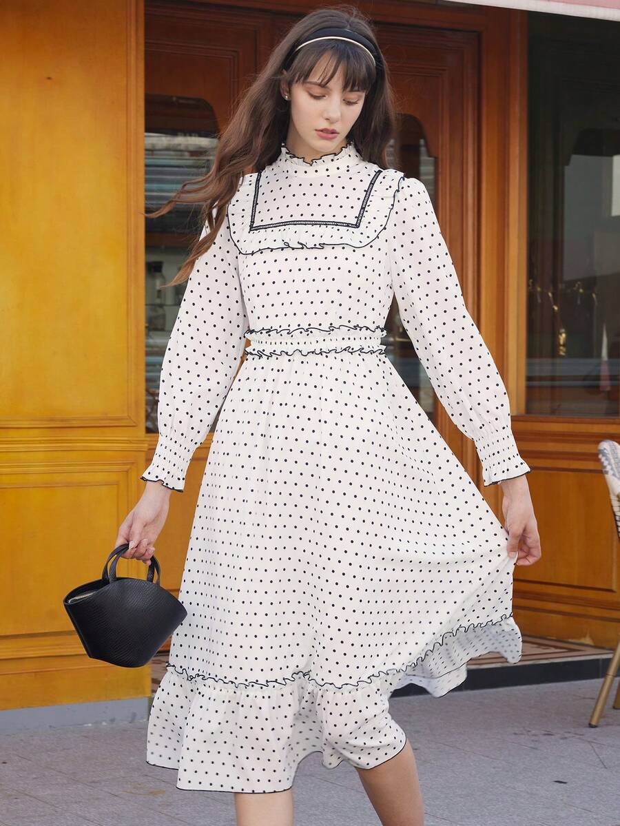Simple Retro NỮ Chấm bi Cổ cao Dài Đầm - Đen và trắng - Xem 1