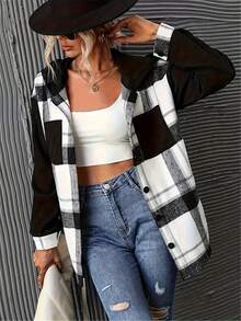 Women's Hooded Checkered Shirt - Black - View 4