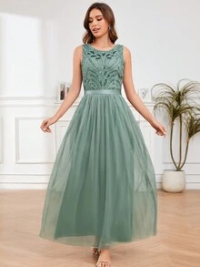Round Neck Beaded Party  Dress Cocktail Dress - Green - View 3