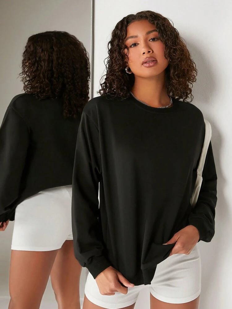 Women's Solid Color Round Neck Drop Shoulder Long Sleeve Sweatshirt Pullover Fall Sweatshirt