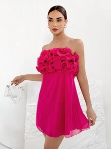 Aloruh Women's Multilayer Lace Strapless Dress - Hot Pink - View 5