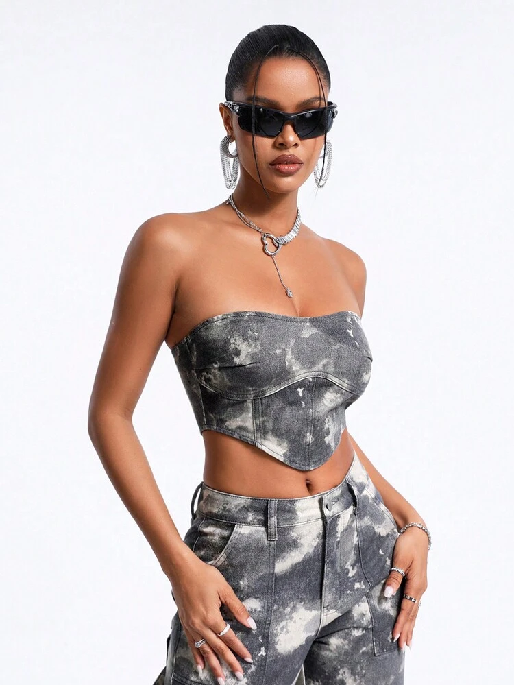 Asymmetric Hem Strapless Denim Top